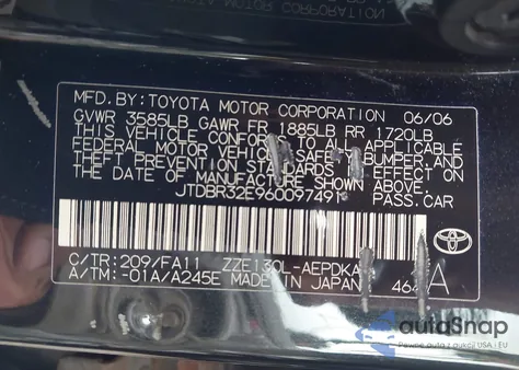 2006 Toyota Corolla Ce from USA, damaged, VIN JTDBR32E960097491